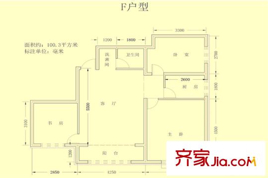 力鼎新城F戶型3室1廳1廚1衛(wèi)100.3平方米 3室1廳1衛(wèi)1廚