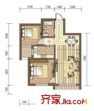 天麓1#2#3#4#C2戶型 2室2廳1衛(wèi)1廚