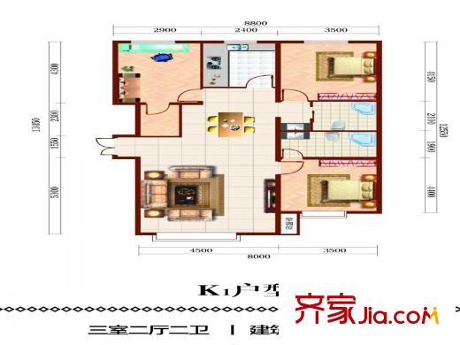魯達國際K1戶型3室2廳2衛(wèi)1廚135平 3室2廳2衛(wèi)1廚