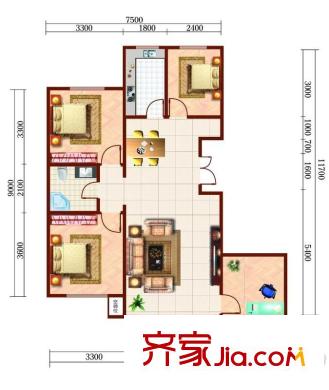 魯達國際J戶型3室2廳1衛(wèi)1廚105.47平 3室2廳1衛(wèi)1廚