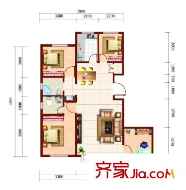 魯達國際A戶型4室2廳2衛(wèi)1廚116.91平 4室2廳2衛(wèi)1廚