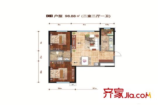 金億源?上北陽光C1戶型98.88平方米兩室兩廳一衛(wèi) 2室2廳1衛(wèi)1廚