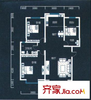 金科寬庭標(biāo)準(zhǔn)層E戶型 兩室兩廳一衛(wèi)一廚103.17平 2室2廳1衛(wèi)1廚