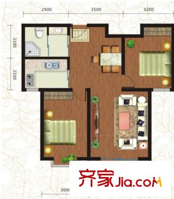 桃源九點(diǎn)陽(yáng)光標(biāo)準(zhǔn)層兩梯三戶G11戶型圖 2室2廳1衛(wèi)1廚