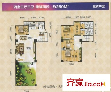 果嶺新天地250平方米戶型圖 4室3廳3衛(wèi)2廚