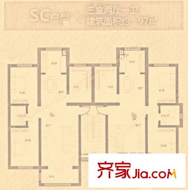 華源貝鳥逸軒97平方米 戶型圖 3室2廳1衛(wèi)1廚
