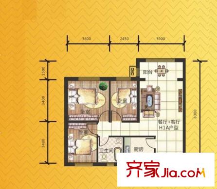 盈科梧桐山畔戶型圖 88.12平方米 3室1廳1衛(wèi)1廚