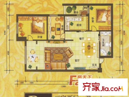 白玉華庭B戶型圖 3室2廳1衛(wèi)1廚