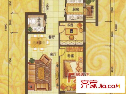 白玉華庭C戶型圖 3室2廳1衛(wèi)1廚