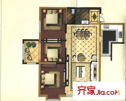 7號(hào)國(guó)際公館標(biāo)準(zhǔn)層B戶型圖 3室2廳1衛(wèi)1廚
