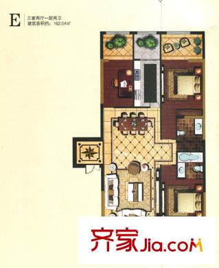 7號(hào)國(guó)際公館標(biāo)準(zhǔn)層E戶型圖 3室2廳1衛(wèi)2廚