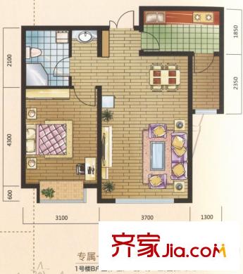美克嘉翔閣1號樓B戶型圖 1室1廳1衛(wèi)1廚