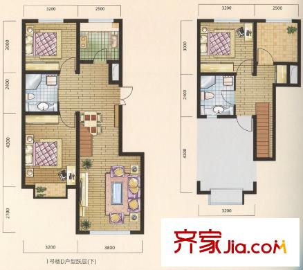 美克嘉翔閣1號樓D戶型躍層戶型圖 3室2廳2衛(wèi)1廚