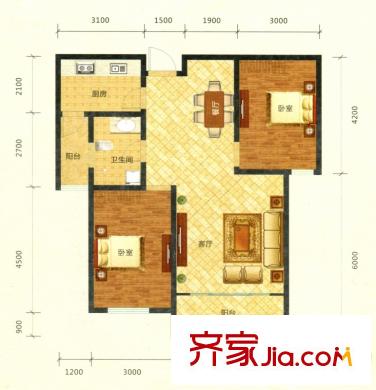 紫煜臻城B10戶型兩室兩廳一廚一衛(wèi)94.68平 2室2廳1衛(wèi)1廚