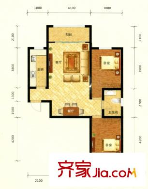紫煜臻城B9戶型兩室兩廳一廚一衛(wèi)94.68平 2室2廳1衛(wèi)1廚