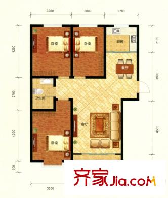 紫煜臻城B3戶型三室兩廳一廚一衛(wèi)113.50平 3室2廳1衛(wèi)1廚