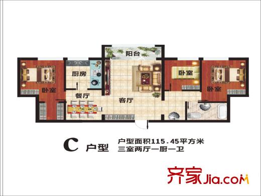 魯班摩卡空間c戶型3室2廳1衛(wèi) 115.45平 3室2廳1衛(wèi)1廚