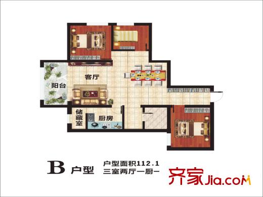 魯班摩卡空間B戶型3室2廳1衛(wèi) 112.14平 3室2廳1衛(wèi)1廚