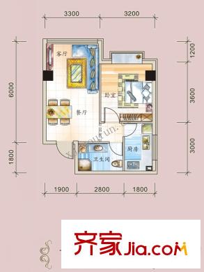 錦鯉公館53.96平米戶型圖 1室2廳1衛(wèi)1廚
