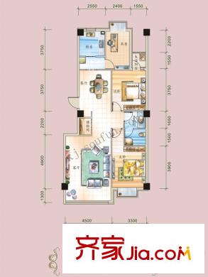 錦鯉公館124.47平米戶型圖 3室2廳1衛(wèi)1廚