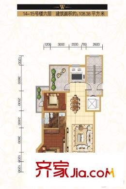 馨河灣W戶型 三室兩廳一廚一衛(wèi) 108.38平方米 3室2廳1衛(wèi)1廚