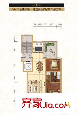 馨河灣X戶型 三室兩廳一廚一衛(wèi)99.73平方米 3室2廳1衛(wèi)1廚