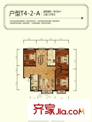 御園印象T4-2-A戶型3室2廳1衛(wèi)1廚98.36平 3室2廳1衛(wèi)1廚