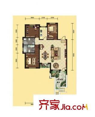 天然理想城二期A1-1戶型三室兩廳兩衛(wèi)一廚 3室2廳2衛(wèi)1廚