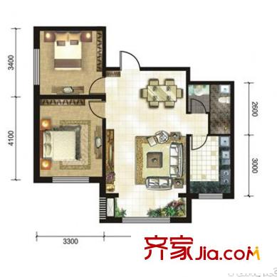 天然理想城二期E2戶型兩室兩廳一衛(wèi)一廚 2室2廳1衛(wèi)1廚