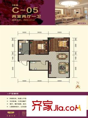 有色金鑫花園二期C-05戶型兩室兩廳一衛(wèi)一廚68.07平 2室2廳1衛(wèi)1廚
