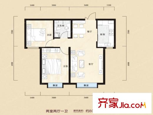 金科紫御府2室2廳1衛(wèi)80.20平方米 2室2廳1衛(wèi)