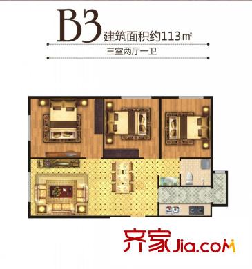 百合世紀城B3戶型三室兩廳一衛(wèi)113平方米 3室2廳1衛(wèi)1廚