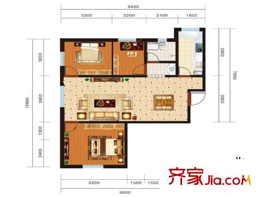 一品?九點陽光戶型圖 三室兩廳一衛(wèi)107.49平方米