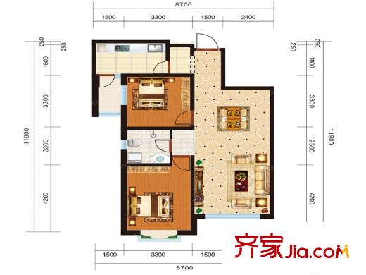 一品?九點陽光戶型圖 兩室兩廳一衛(wèi)100.32平方米