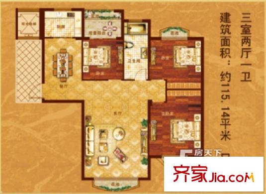 御園世家D戶型三室兩廳一衛(wèi)一廚115.14平 3室2廳1衛(wèi)1廚