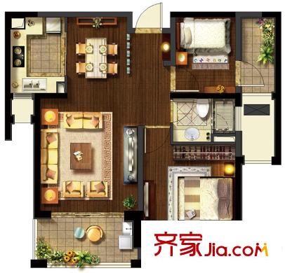 瓏庭二期C7戶型 2室2廳1衛(wèi)1廚