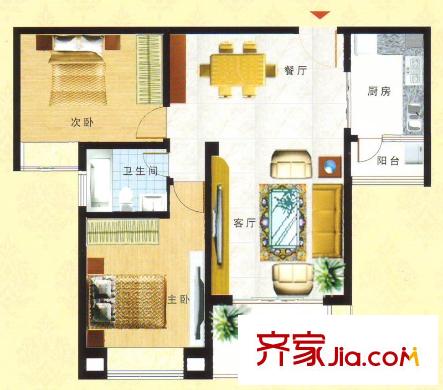和興東城三期1、2#樓B戶型 2室2廳1衛(wèi)1廚