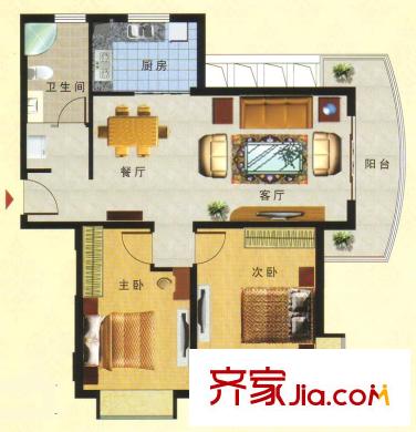 和興東城三期3、4#樓E戶型 2室2廳1衛(wèi)1廚