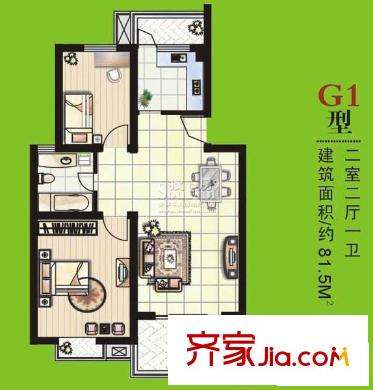 浦園一期 2#、4# G1戶型（已售完） 2室2廳1衛(wèi)1廚