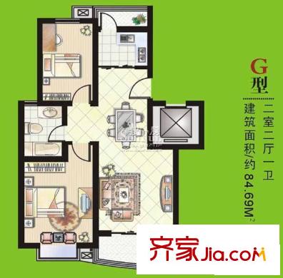 浦園一期 2#、4# G戶型（已售完） 2室2廳1衛(wèi)1廚