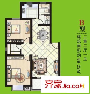 浦園一期B戶型 2室2廳1衛(wèi)1廚
