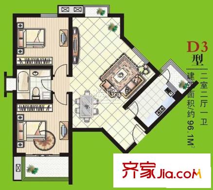 浦園一期 3# D3戶型（已售完） 2室2廳1衛(wèi)1廚