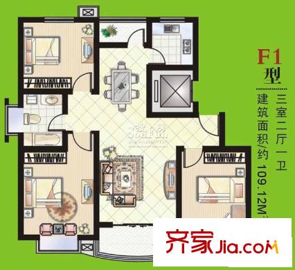 浦園一期 2#、4# F1戶型（已售完） 3室2廳1衛(wèi)1廚