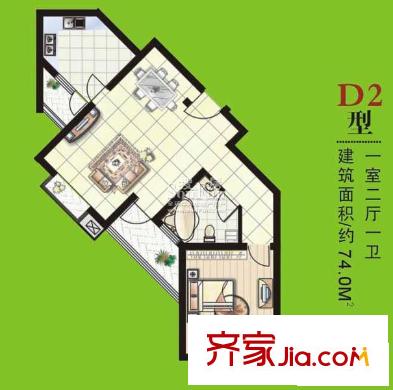 浦園一期 3# D2戶型（已售完） 1室2廳1衛(wèi)1廚