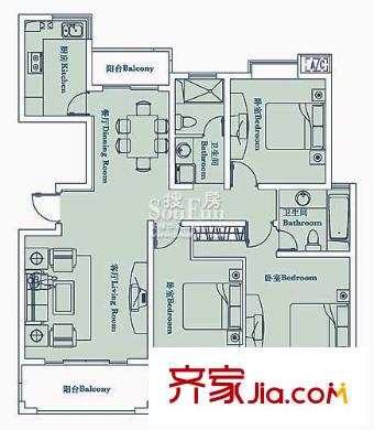 自由都市戶型圖A1 3室2廳2衛(wèi) 128.00平方米