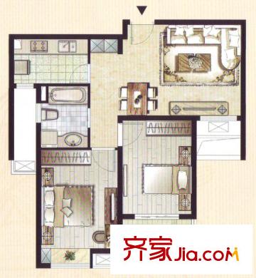 自由都市 D2戶型 2室2廳1衛(wèi) 80.00平方米
