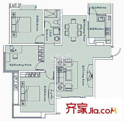 自由都市 戶型圖B1 3室2廳1衛(wèi) 114.00平方米