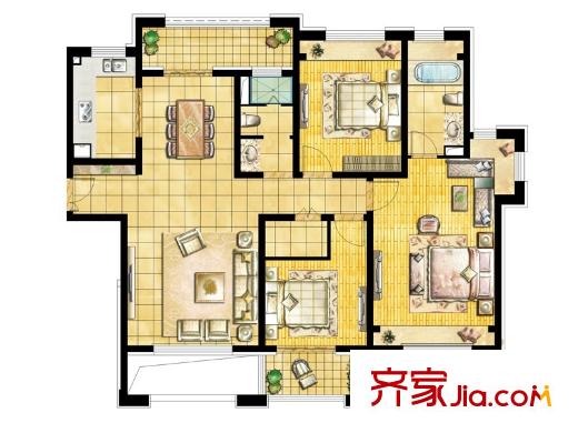 中星城際廣場?萃苑（二期）01室D3戶型奇數(shù)層 3室2廳2衛(wèi)1廚