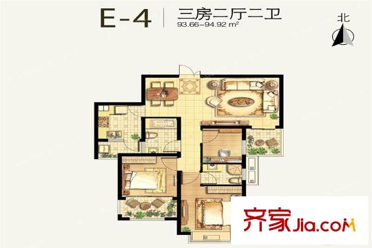 伯爵大地94平方米 3室2廳2衛(wèi) 3室2廳2衛(wèi)1廚