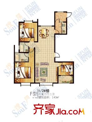 湖景花園F戶型圖 3室2廳2衛(wèi)1廚
